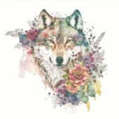Waterverf Wolf met bloemen in Natuur Vinyl Sticker (Voorkant)