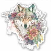Waterverf Wolf met bloemen op Natuur vinylstok Sticker (Voorkant)