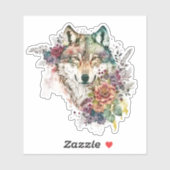 Waterverf Wolf met bloemen op Natuur vinylstok Sticker (Vel)