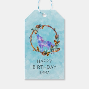 Waterverf Wolf met een Boho Style Wreath Birthday Cadeaulabel