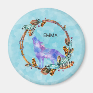 Waterverf Wolf met een Boho Style Wreath Custom Magneet