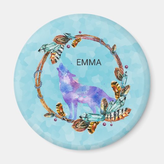 Waterverf Wolf met een Boho Style Wreath Custom Magneet (Voorkant)