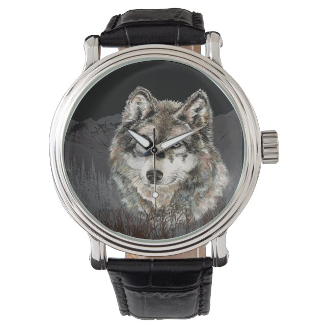 Waterverf Wolf Mountain Animal Natuur Kunst Horloge (Voorkant)