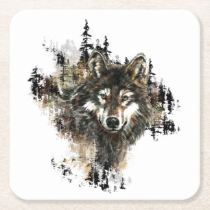 Waterverf Wolf Mountain Wilderness Animal Art Kartonnen Onderzetters
