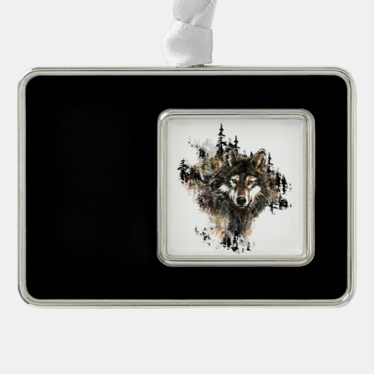 Waterverf Wolf Mountain Wilderness Animal Art Verzilverd Omlijst Ornament (Voorkant)