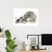 Waterverf Wolf Parent & Cub Animal Art Poster (Thuiskantoor)
