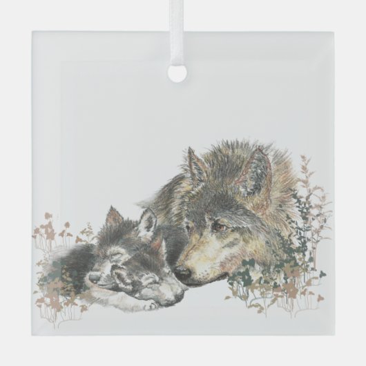 Waterverf Wolf Parent & Cub Natuur Glas Ornament (Voorkant)