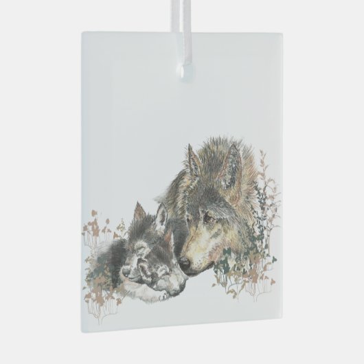 Waterverf Wolf Parent & Cub Natuur Glas Ornament (Voorkant Rechts)