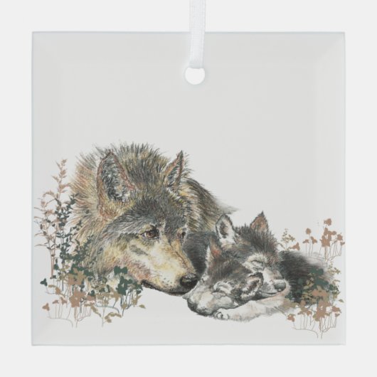 Waterverf Wolf Parent & Cub Natuur Glas Ornament (Achterkant)