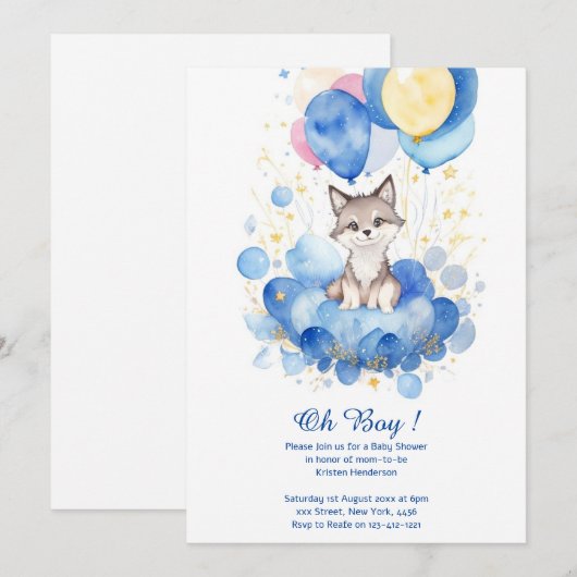 Waterverf Wolf Pup Baby shower Uitnodiging (Voorkant / Achterkant)