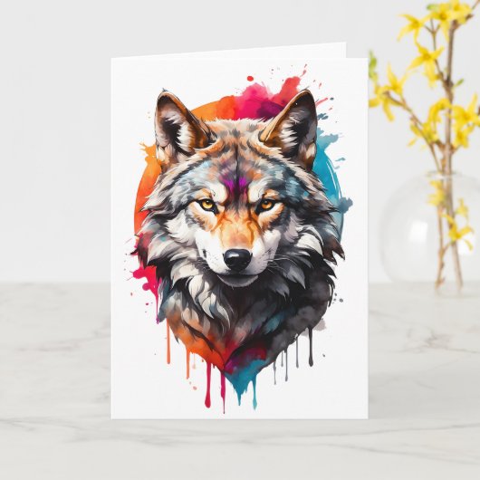 Waterverf Wolf Spatportret Spat inkt blanco Kaart (Gele Bloem)