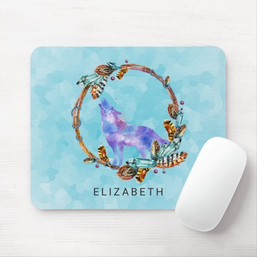 Waterverf Wolf staat in een Boho Style Wreater Muismat (Met muis)