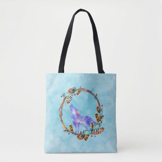 Waterverf Wolf staat in een Boho Style Wreater Tote Bag (Voorkant)