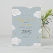 Waterverf Wolken Blauw Grijs Jongen Baby shower Go Folie Uitnodiging (Staand Voorkant)