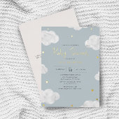 Waterverf Wolken Blauw Grijs Jongen Baby shower Go Folie Uitnodiging