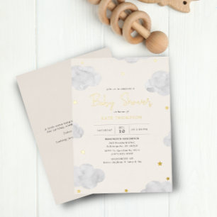 Waterverf Wolken Crème Neutrale Baby Shower Goud Folie Uitnodiging