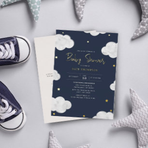 Waterverf Wolken Donkerblauwe Jongens Baby Shower Folie Uitnodiging