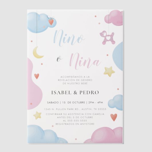 Waterverf Wolken & Sterren Spaans Geslacht Onthull Vellum Uitnodigingen (Voorkant)