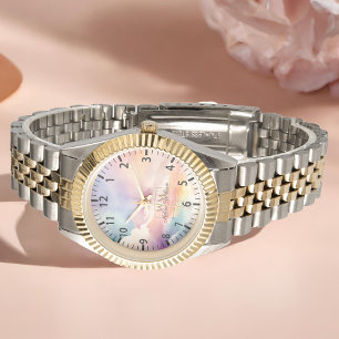 Waterverf Wolken Zwart Goud Monogram Naam Script Horloge