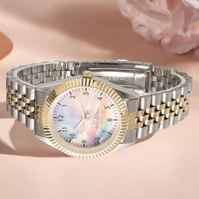 Waterverf Wolken Zwart Goud Monogram Naam Script Horloge (Creator heeft geüpload)