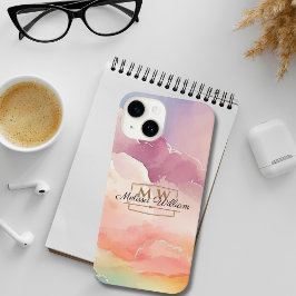Waterverf Wolken Zwart Goud Monogram Naam Script iPhone 14 Hoesje
