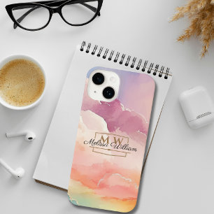 Waterverf Wolken Zwart Goud Monogram Naam Script iPhone 14 Hoesje