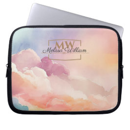 Waterverf Wolken Zwart Goud Monogram Naam Script Laptop Sleeve