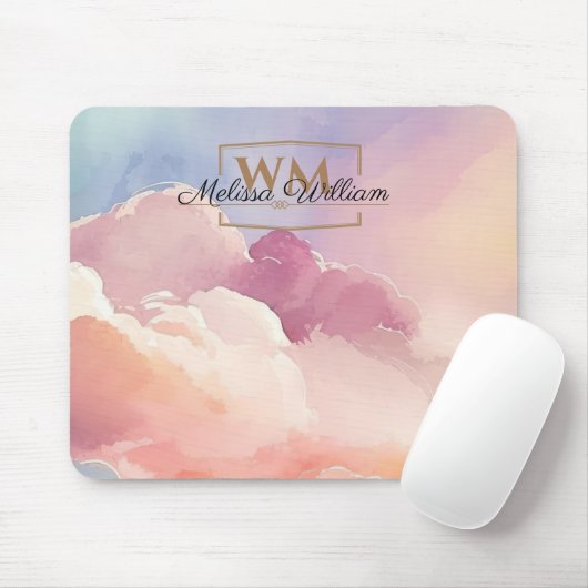 Waterverf Wolken Zwart Goud Monogram Naam Script Muismat (Met muis)
