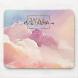 Waterverf Wolken Zwart Goud Monogram Naam Script Muismat
