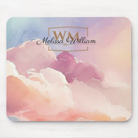 Waterverf Wolken Zwart Goud Monogram Naam Script Muismat (Voorkant)
