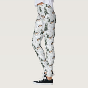 Waterverf Wolves Sneeuw Bedekte Dennenbomen Leggings