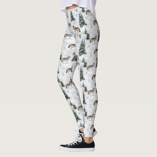 Waterverf Wolves Sneeuw Bedekte Dennenbomen Leggings (Links)