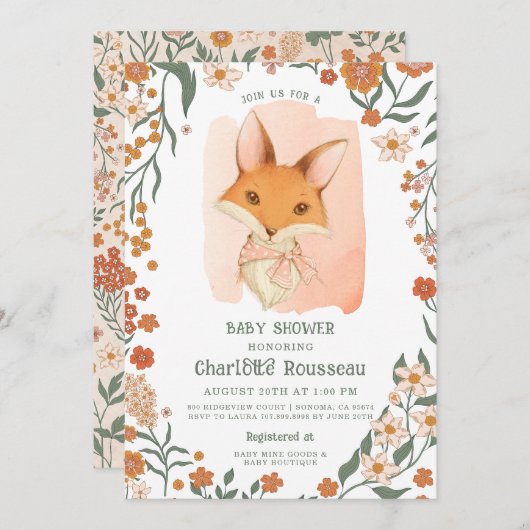 Waterverf Woodand Fox Rustiek Meisje Baby shower Kaart (Voorkant / Achterkant)
