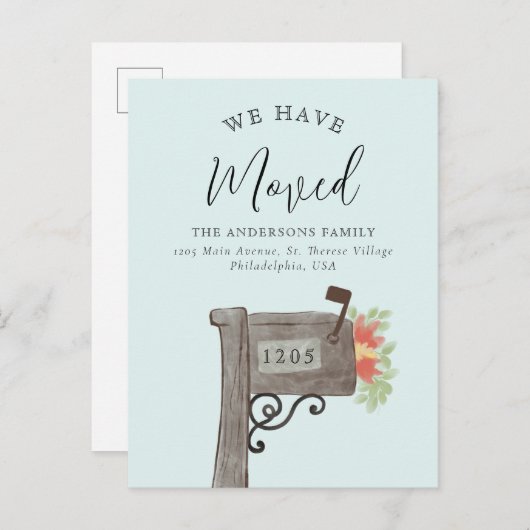 Waterverf Wooden Mailbox New Home Movement Announc Aankondigingskaart (Voorkant / Achterkant)
