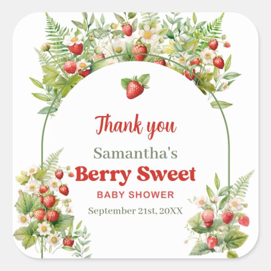 Waterverf Woodland aardbeienbessen zoet Vierkante Sticker (Voorkant)