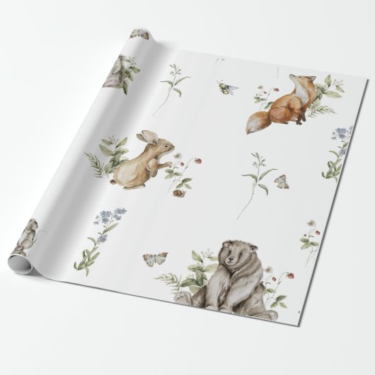 Waterverf Woodland Animal Wrapping Paper Cadeaupapier (Uitgerold)
