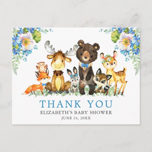 Waterverf Woodland Animals Baby shower Blue Briefkaart (Voorkant)