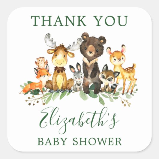 Waterverf Woodland Animals Baby shower Favor Vierkante Sticker (Voorkant)