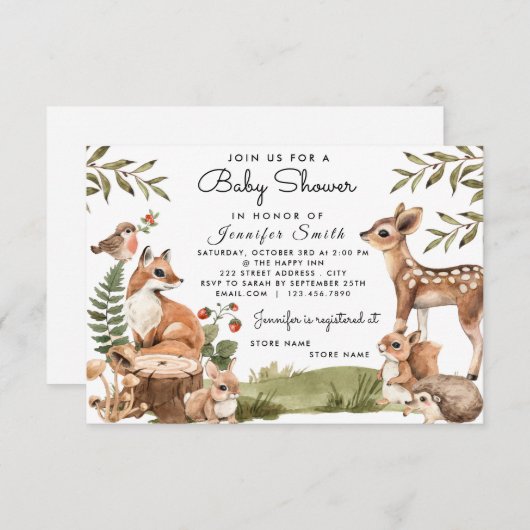 Waterverf Woodland Animals Baby shower Invitation Bedankkaart (Voorkant / Achterkant)