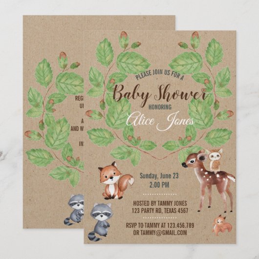Waterverf Woodland Animals Baby shower Invitation Kaart (Voorkant / Achterkant)