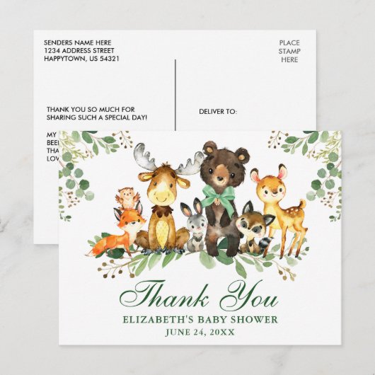 Waterverf Woodland Animals boog dank u douche Briefkaart (Voorkant / Achterkant)