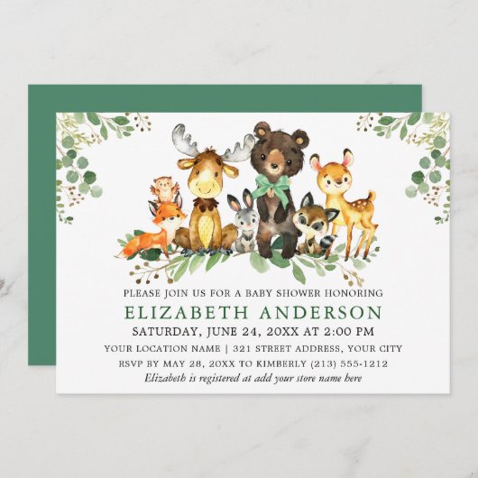 Waterverf Woodland Animals Bow Baby shower Kaart (Voorkant / Achterkant)