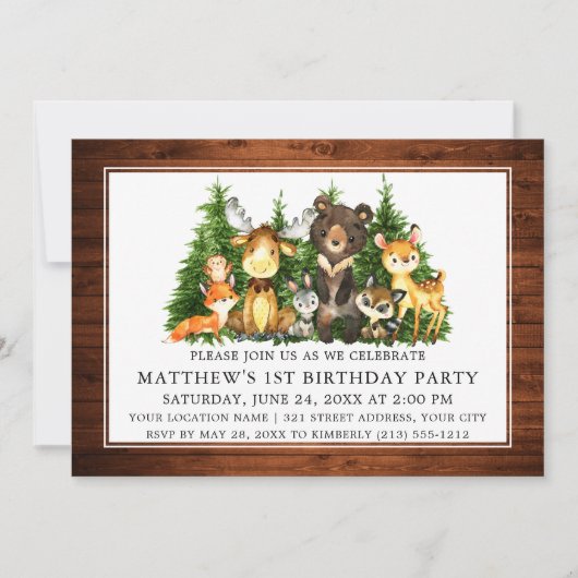 Waterverf Woodland Animals First Birthday Wood Kaart (Voorkant)