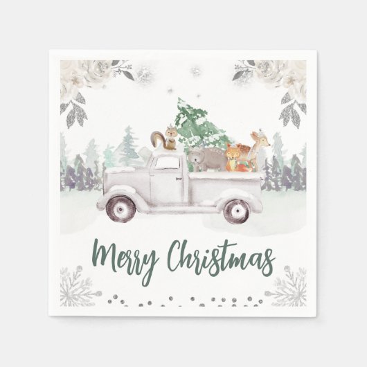 Waterverf Woodland Animals Floral Kerstmis Servet (Voorkant)