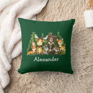 Waterverf Woodland Animals Forest Trees Green Kussen