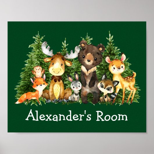 Waterverf Woodland Animals Forest Trees Green Poster (Voorkant)