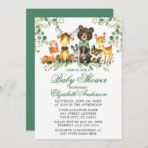 Waterverf Woodland Animals Green Bow Baby shower Kaart