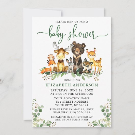 Waterverf Woodland Animals Green Script Shower Kaart (Voorkant)