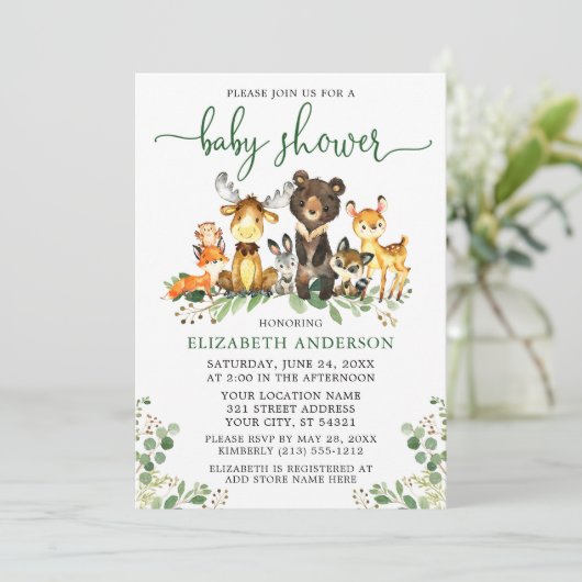 Waterverf Woodland Animals Green Script Shower Kaart (Staand voorkant)