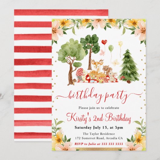 Waterverf Woodland Animals Picknickverjaardag Kaart (Voorkant / Achterkant)